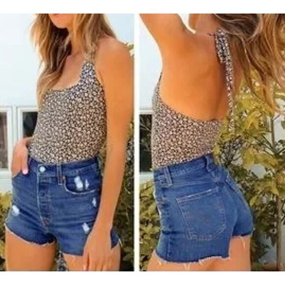 Free People Talk Back Square Neck Floral Halter Bodysuit Tank Top Black Medium - Picture 2 of 8